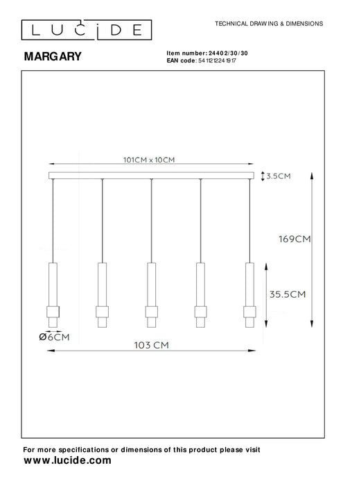 Hanglamp Margary | 5 op rij | Zwart