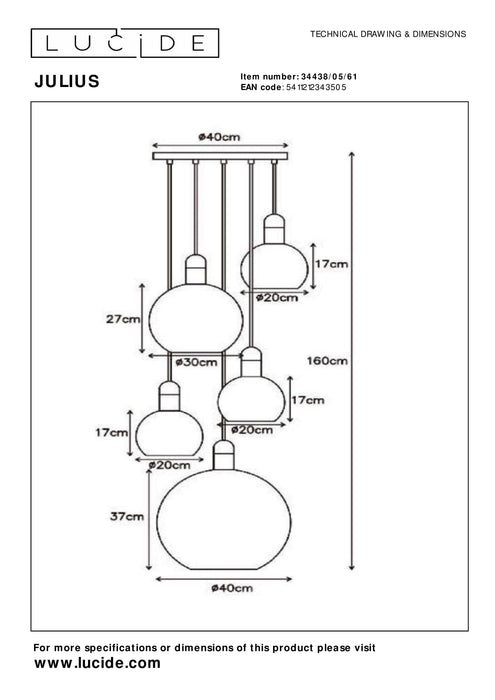 Hanglamp Julius | 5 Lampen | E27 | Opaal